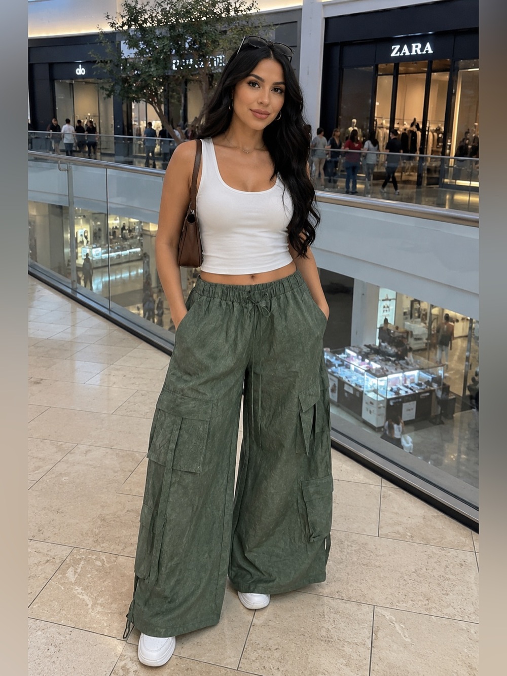 New w tags luxtokill Wide-Leg Cargo Pants in Olive Green - Women. Uk 10 - Picture 1 of 10